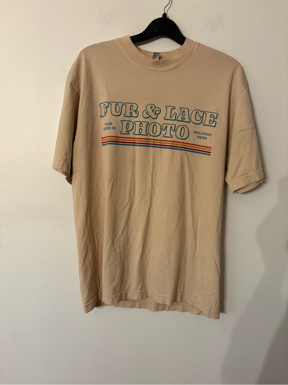 Los Angeles Apparel Beige 'Fur & Lace Photo' Graphic Tee with Retro Stripes